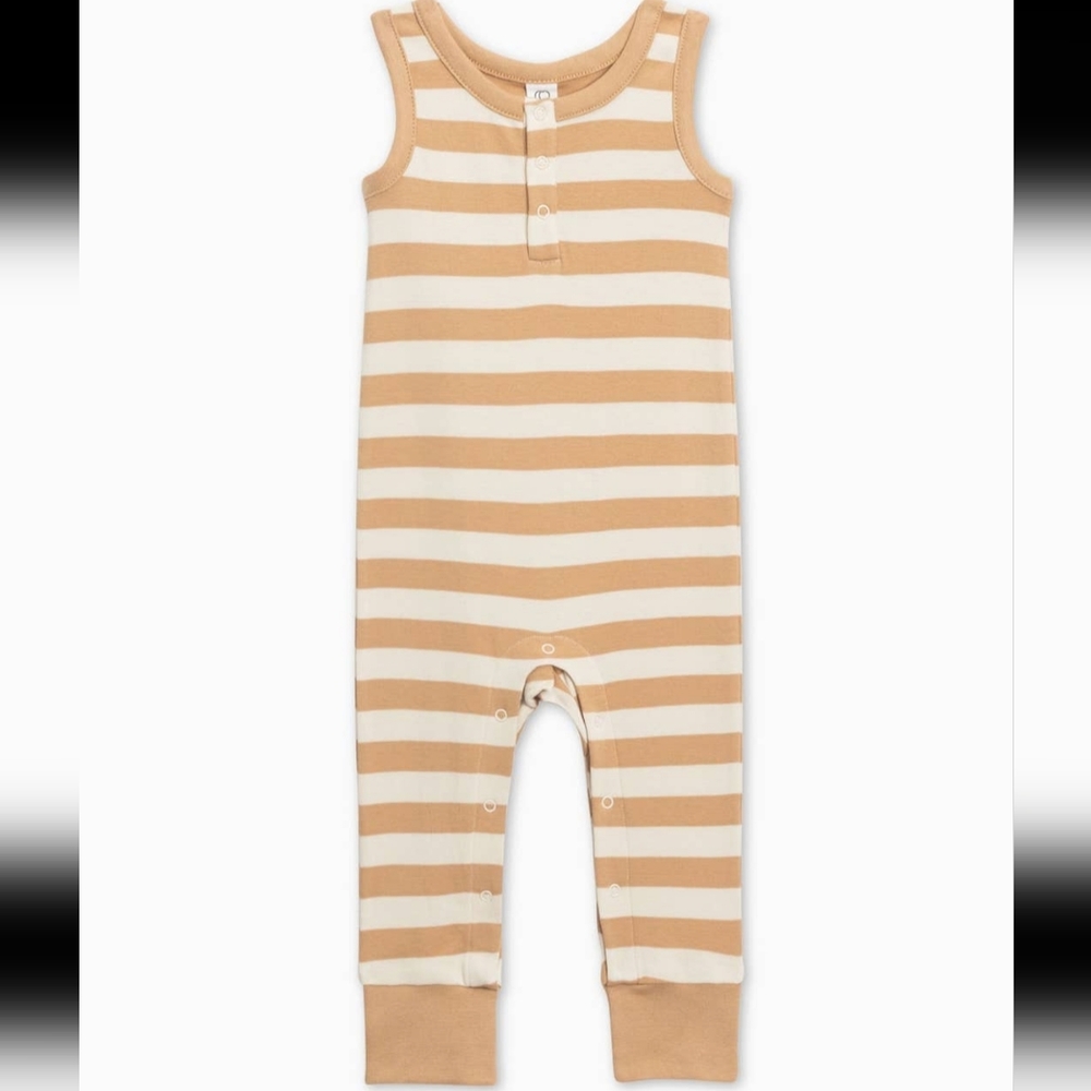 COLORED ORGANICS - Henley Tank Romper | TAN ELY STRIPE